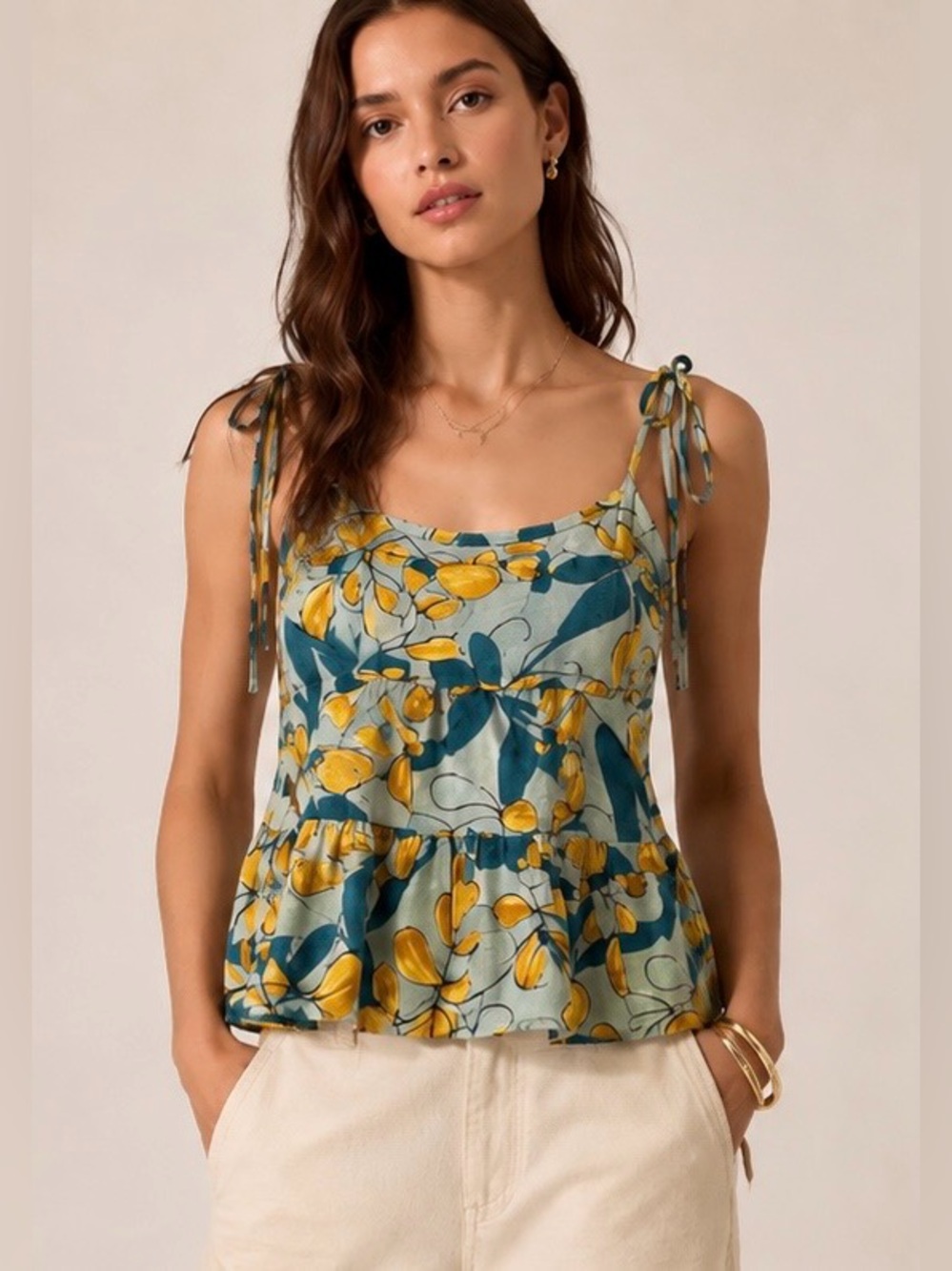 Mine Anthropologie Floral Tie Strap Peplum Tank Top Blue Yellow L